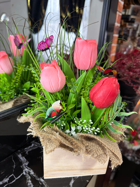 Tulips in wood box