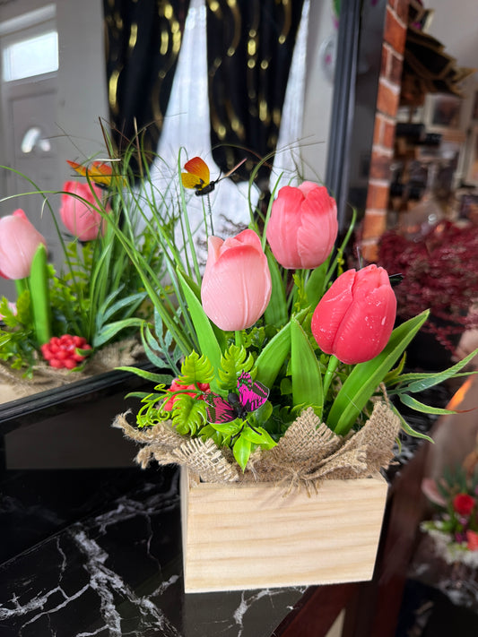 Tulips in wood box
