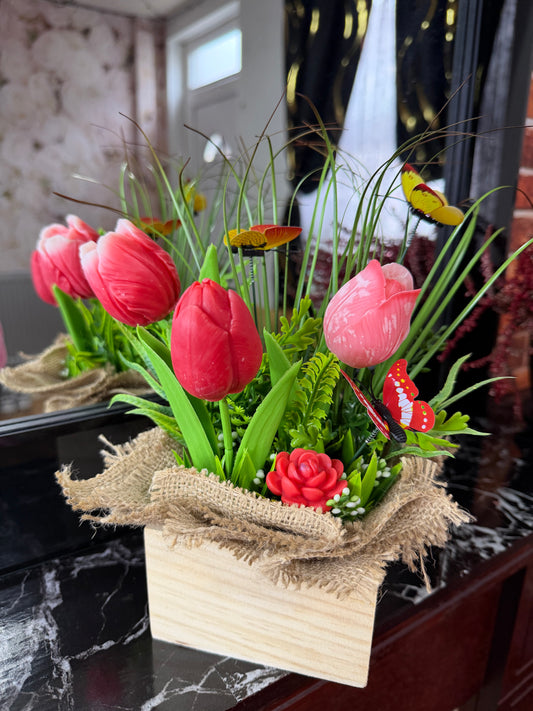 Tulips in wood box